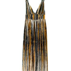 Ronny Kobo Black Yellow Cream Abstract Striped Long Maxi Thick Strap Bow Dress